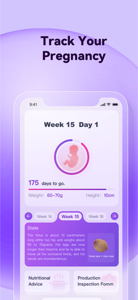 OvaMate - Interfaz del rastreador de embarazo OvaMate que muestra el crecimiento y desarrollo fetal en la semana 15