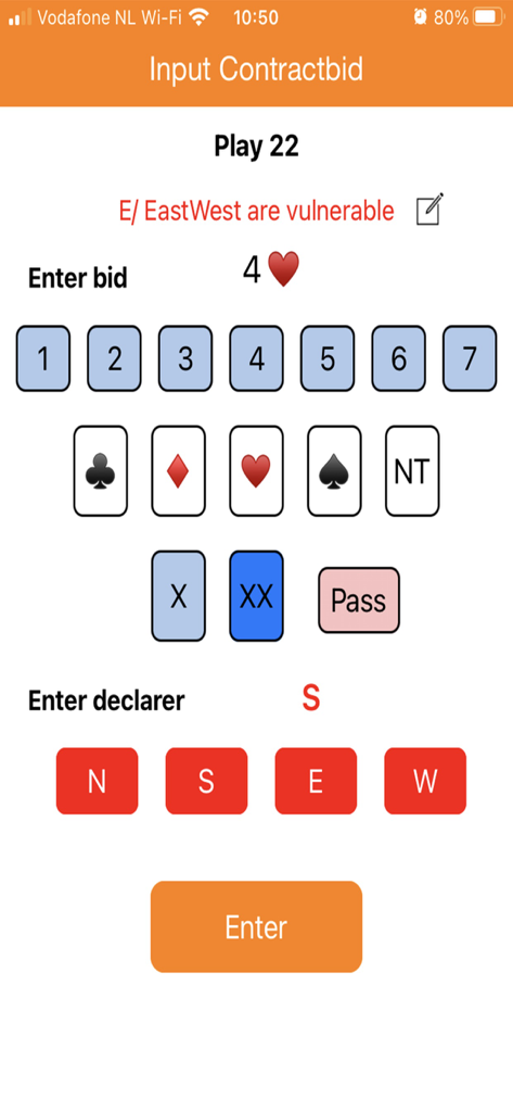 BridgeDrive 앱에서 브리지 계약 바인드 및 선언자 위치 입력을 위한 인터페이스.