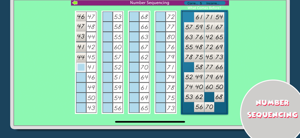 Montessori Math - Screenshot of the number sequencing game in the Montessori Math app where children identify what number comes before