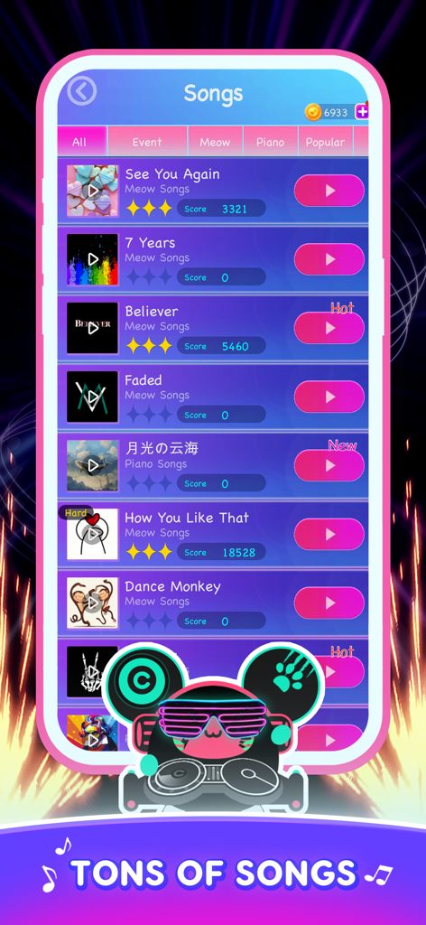 Cat Cute Tiles: Rhythm Games - Cat Cute Tilesのリズムゲームの音楽ライブラリメニュー。人気の曲とDJ猫のマスコットが表示されている。
