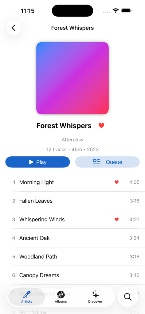 Album detail screen in Cadence music player showing a tracklist for Forest Whispers by Afterglow with play and queue options.