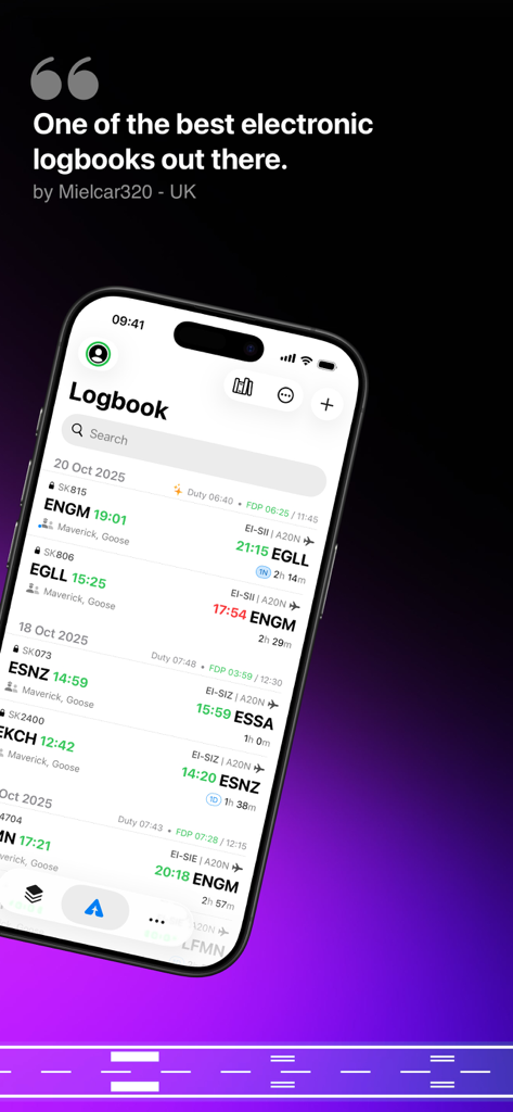 A positive user testimonial for Airlog above an iPhone showing the flight logbook interface with multiple flight entries.