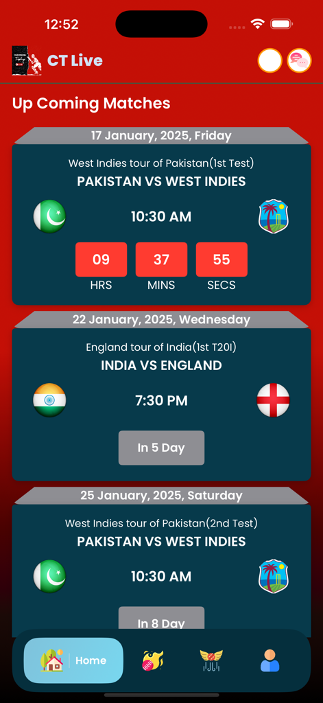 Pakistan Cricket Live - Calendrier des prochains matchs de cricket montrant les matchs Pakistan contre West Indies et India contre England avec des comptes à rebours