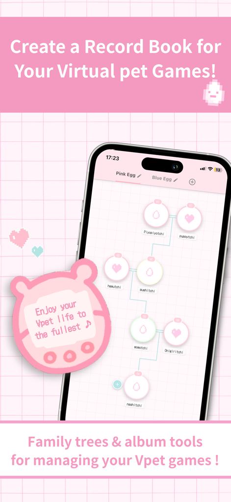 Family Tree for Virtual Pets - A screenshot of the Family Tree for Virtual Pets app showing a pet lineage on a pink notebook background