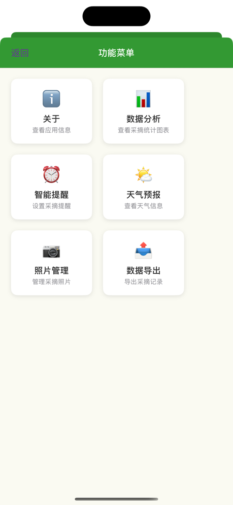 丰收记 - Una pantalla de menú de la aplicación Harvest Notes que muestra iconos para análisis de datos, pronóstico del tiempo y gestión de fotos.