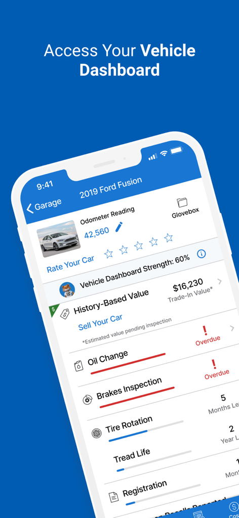 CARFAX Car Care app vehicle dashboard for a 2019 Ford Fusion showing maintenance alerts and trade-in value