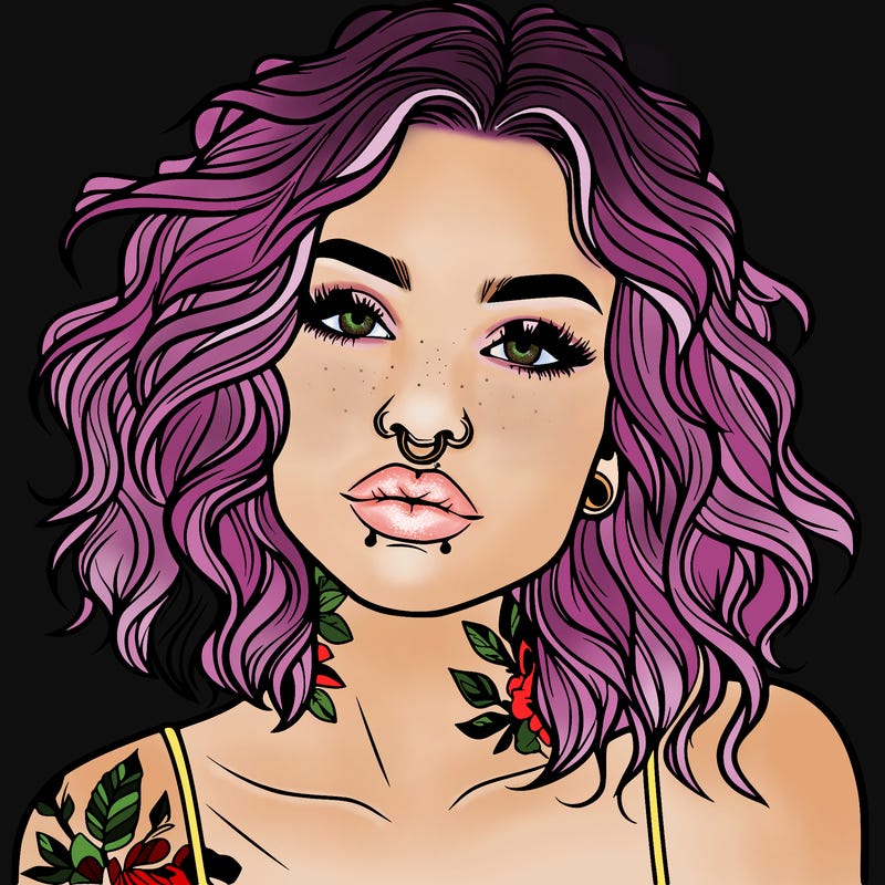 realistic woman with septum piercing and wavy hair and tattoos