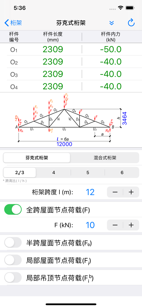 实用结构静力计算 - Fink truss internal force calculation interface with diagram and parameter inputs