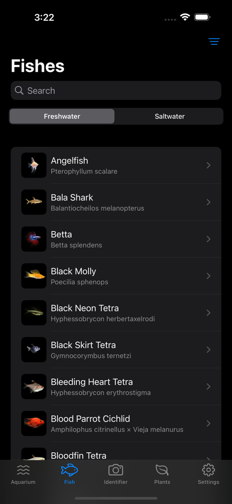Aquarium Guide Fish Identifier - A list of freshwater fish species in the Aquarium Guide app including Angelfish and Betta with scientific names