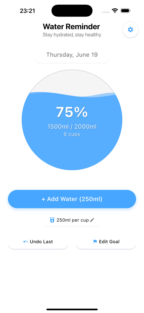 Waterry - Water Reminder - Panel de la aplicación Waterry que muestra el 75 por ciento del objetivo de ingesta diaria de agua completado con una interfaz azul limpia.