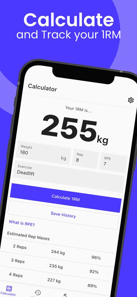 1RM Calculator mobile app showing a 255kg deadlift max estimation based on weight and RPE inputs