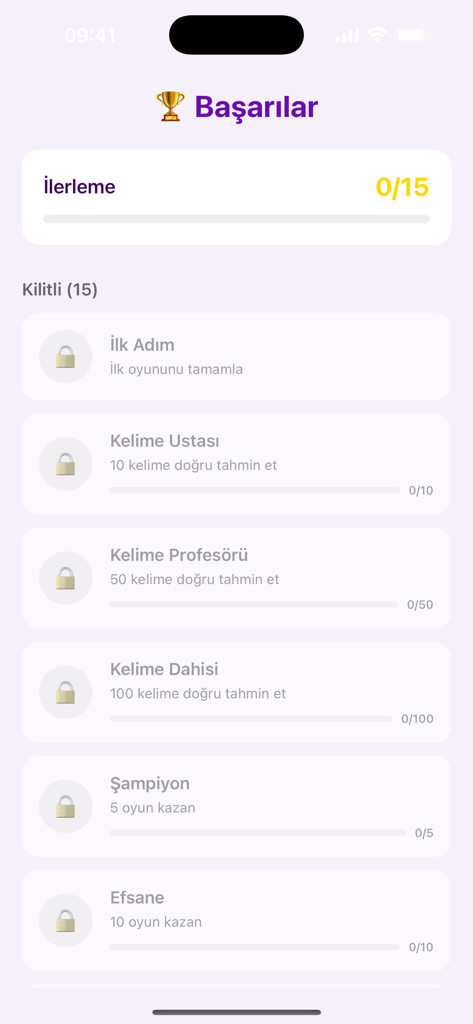 Tabu - Kelime Oyunu - Pantalla de logros de la aplicación del juego de palabras turco Tabu mostrando hitos bloqueados y progreso
