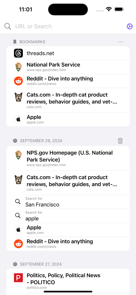 Luna Browser for Watch - Luna Browser for Watch iPhone companion app showing bookmarks and browsing history