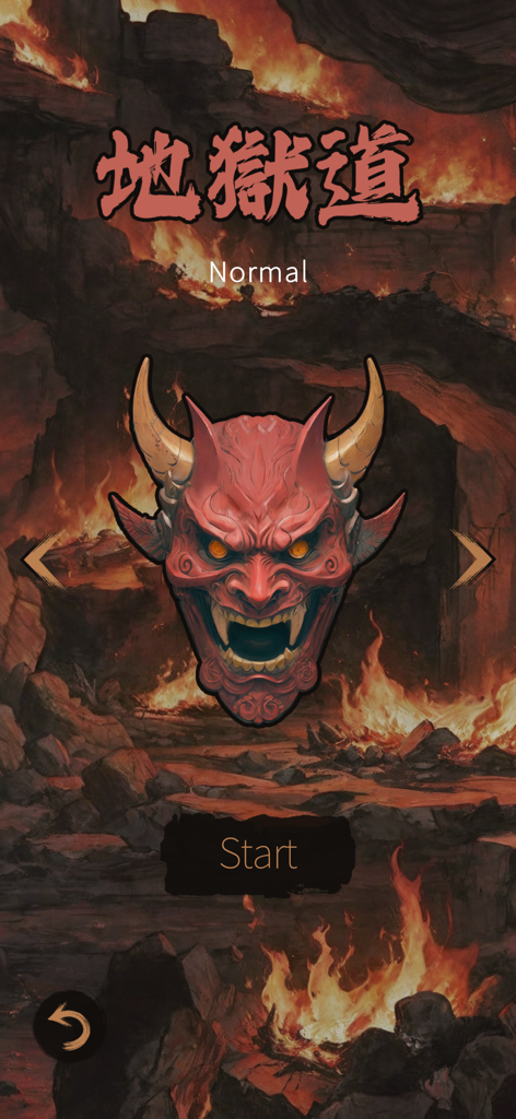 Ninja Sekai - Máscara de demônio vermelha em um fundo flamejante na tela de seleção de nível do jogo mobile Ninja Sekai