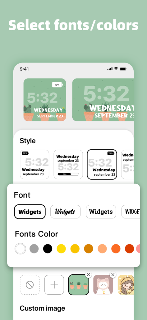 Customization interface of MagicWidgets app showing options for font styles, colors, and background images for iOS widgets.