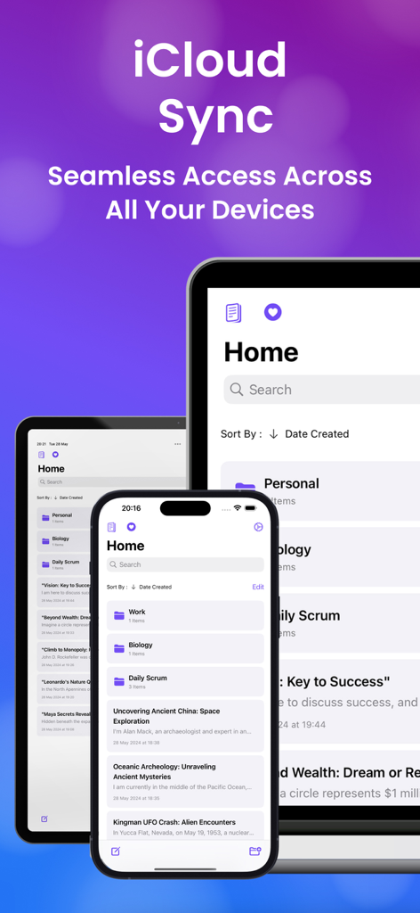 Die Transcribe AI App zeigt iCloud-Synchronisierung und nahtlosen Zugriff auf iPhone- und iPad-Geräten