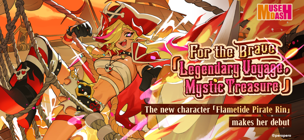 Promotional artwork for Muse Dash featuring the new character Flametide Pirate Rin in a pirate themed setting