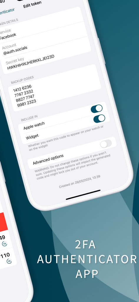 Écran de l'application Authenticator montrant les détails du jeton pour Facebook avec les codes de sauvegarde et les options de synchronisation Apple Watch