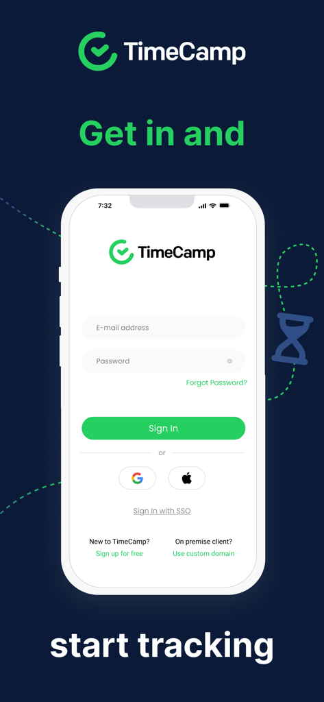 Pantalla de inicio de sesión para la aplicación TimeCamp mostrando opciones de inicio de sesión