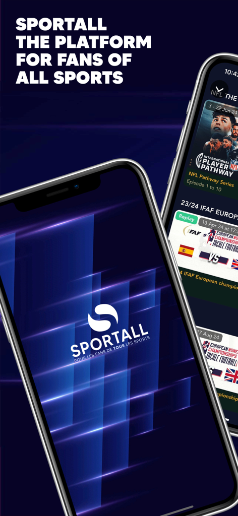 Sportall - Sportall mobile app interface on a smartphone showing the logo and available sports content like NFL replays