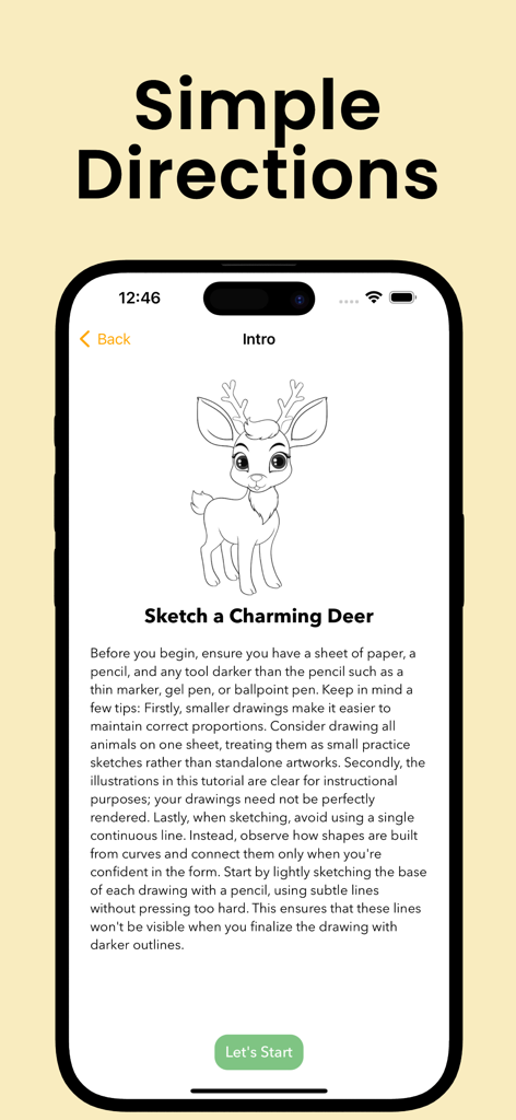 Learn Drawing Offline: Artify - Interfaccia che mostra semplici indicazioni e suggerimenti di schizzo per disegnare un cervo nell'app Artify