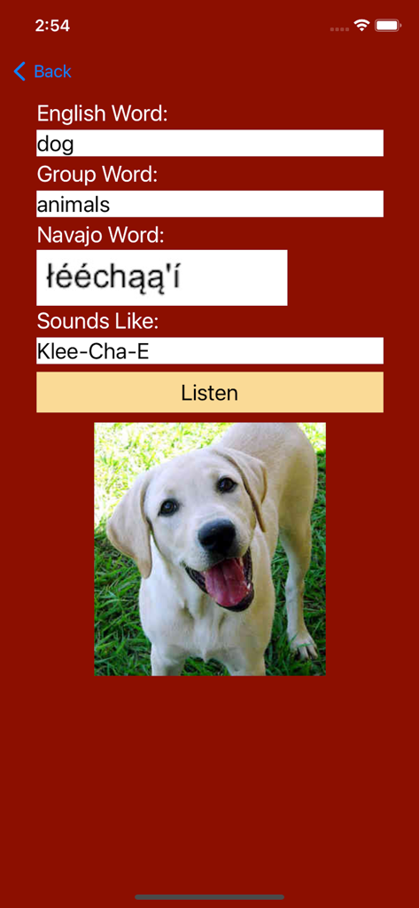 Captura de pantalla de la aplicación Speak Navajo que muestra la traducción y la pronunciación fonética de la palabra perro