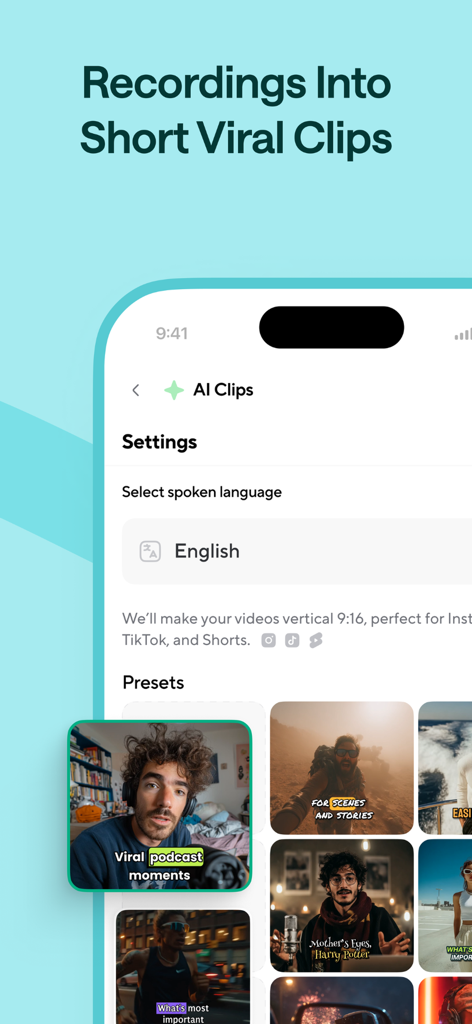 Podcastle: Podcast Recordings - Interface of Podcastle app showing the AI Clips feature which converts video recordings into short viral social media snippets.