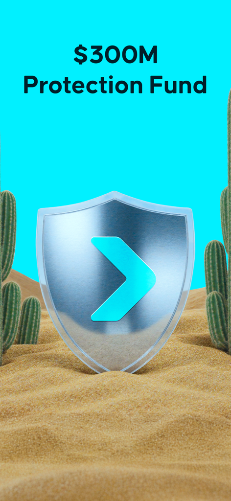 Bitget Wallet: Bitcoin, Crypto - A silver shield with the Bitget logo in a desert landscape representing the 300 million dollar protection fund