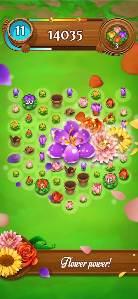Blossom Blast Saga - Jogabilidade de Blossom Blast Saga mostrando uma reação em cadeia de flores desabrochando num puzzle de jardim