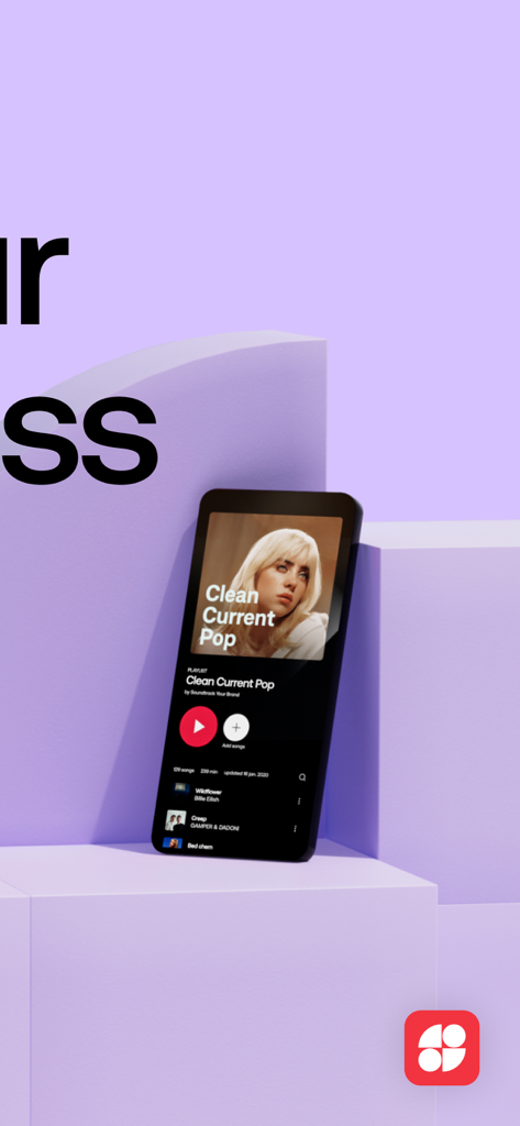 Soundtrack: Music for Business - Teléfono inteligente que muestra una lista de reproducción de música con licencia para negocios en la aplicación Soundtrack