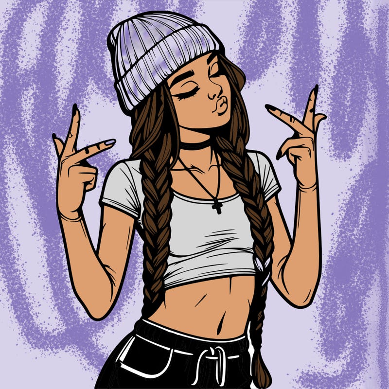 realistic teenage girl with braids and a beanie and crop top doing 🫶🏼