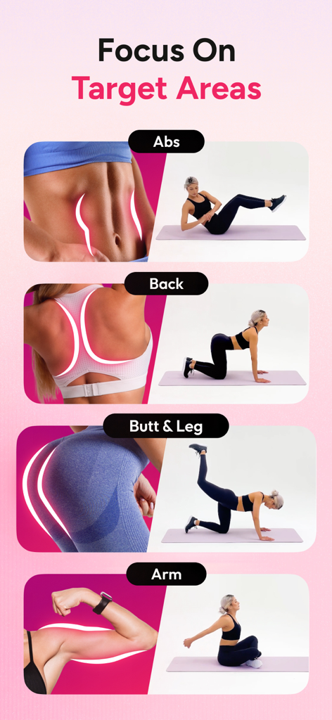 Workout for Women fitness app screen showing exercise categories for abs back butt and arms