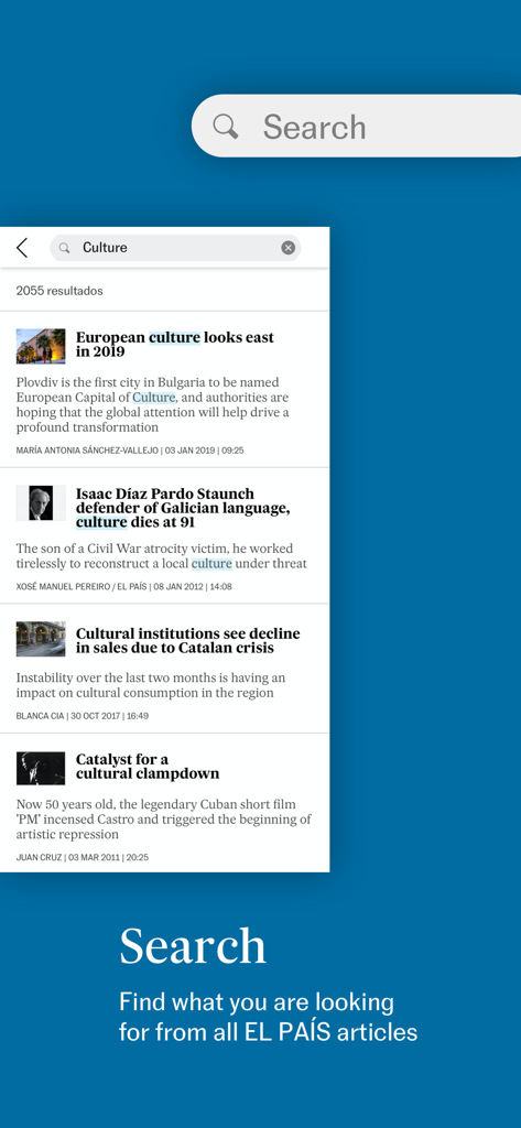 EL PAIS app search screen displaying news articles related to culture