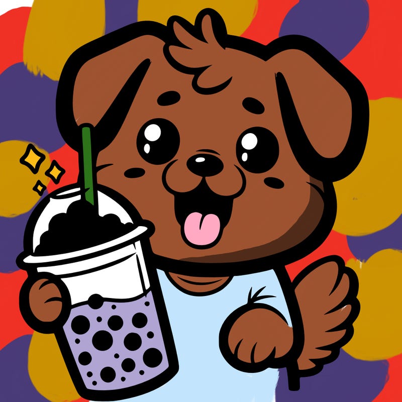 dog holding boba