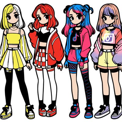 one girl with crop-top shirt and a jacket with a skirt, long socks and another girl with a shirt and pants with a jacket