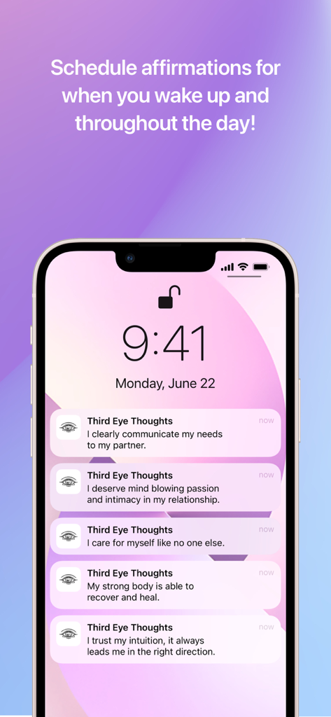 Third Eye Thoughts - スマートフォンのロック画面。Third Eye Thoughtsアプリからの複数の毎日のアファメーションプッシュ通知が表示されています。