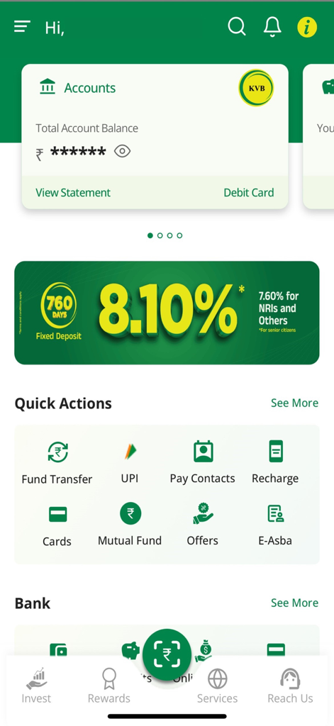 KVB DLite mobile banking app home screen showing account summary and financial services