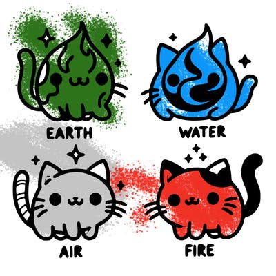 4 cats that represent the different elements, earth, water, air, and fire