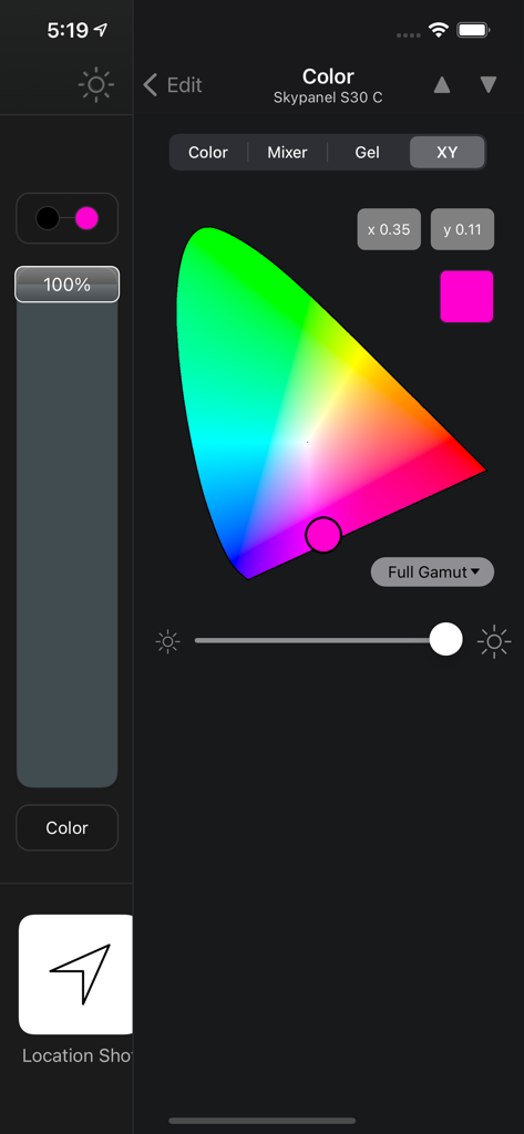 Luminair - Interface de contrôle des couleurs de l'application Luminair affichant un diagramme de chromaticité et les coordonnées XY des luminaires.