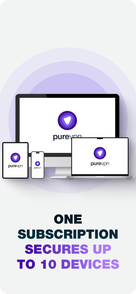 PureVPN: Fast and Secure VPN - PureVPN promotional graphic showing one subscription securing up to ten devices across monitor, laptop, tablet, and smartphone.