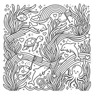 Explore a wonderful underwater world filled with friendly sea creatures and beautiful seagrass, all while celebrating themes of love and acceptance. This delightful coloring page is perfect for young artists to express their creativity during Pride Month and beyond.