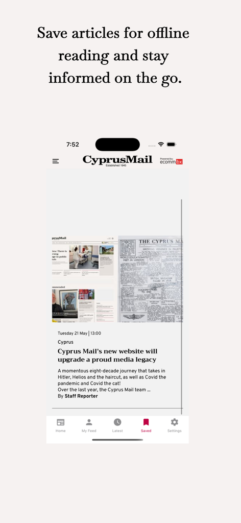 Cyprus Mail app interface displaying the offline reading feature.