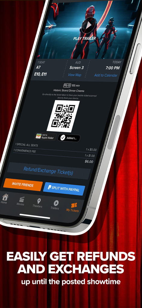 Fandango - Get Movie Tickets - Schermata dell'app Fandango che mostra un biglietto del cinema digitale con un codice QR e un pulsante per rimborsi e cambi self-service.