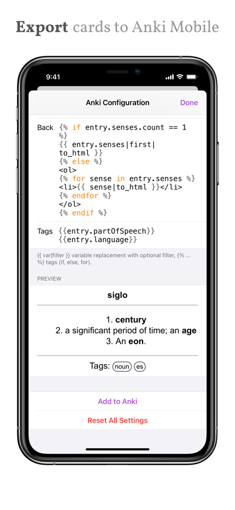 Anki configuration screen in motî app showing flashcard template code and a preview for the Spanish word siglo.