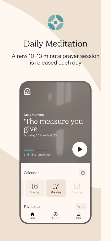 Pray As You Go app screenshot showing a daily meditation prayer session with an audio player and calendar interface.