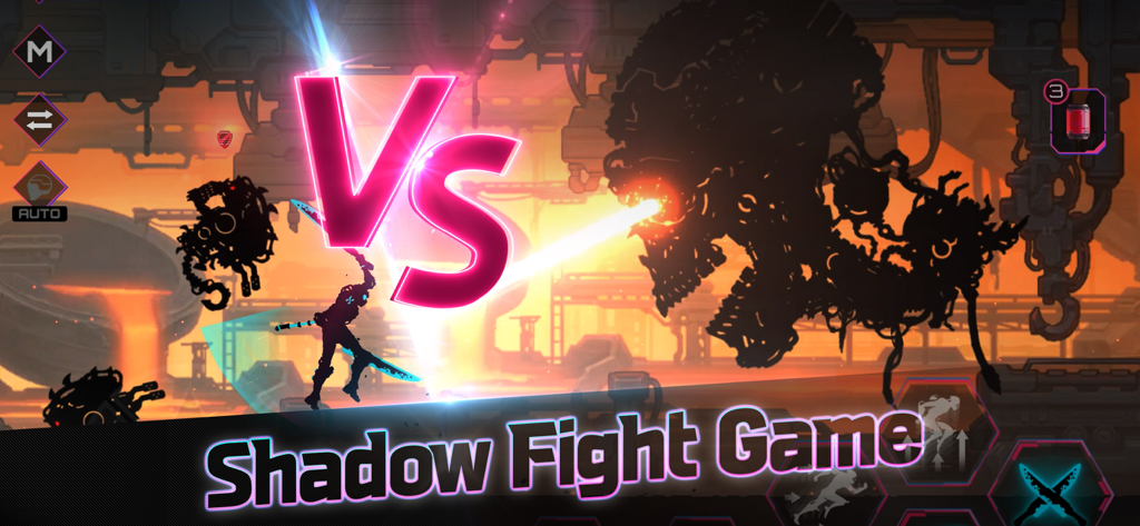 Undestroyed : Roguelike ARPG - A shadow fighter battles a giant mechanical boss in a cyberpunk industrial environment