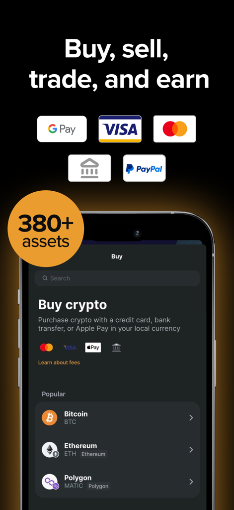 Interface de l'application mobile Zengo montrant les options d'achat et de vente de plus de 380 actifs crypto via Google Pay, Visa, Mastercard et PayPal