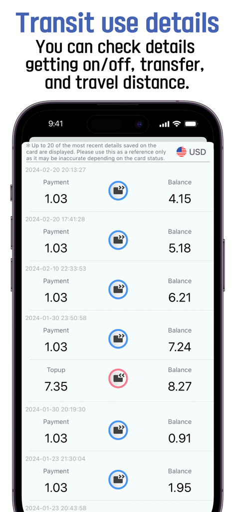 Korea transit card - BucaCheck - Pantalla de la aplicación BucaCheck que muestra el historial de transacciones de la tarjeta de tránsito de Corea y el saldo convertido a dólares estadounidenses