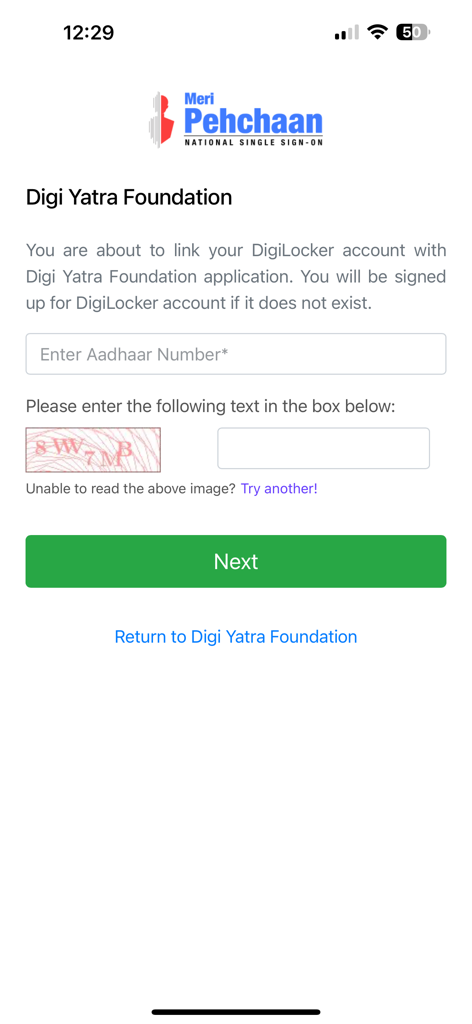 Interface do aplicativo Digi Yatra para vincular uma conta DigiLocker usando o número Aadhaar e verificação de captcha.