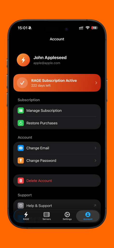 RAGE - Unlimited Access - RAGE app account screen showing active subscription status and user profile management options